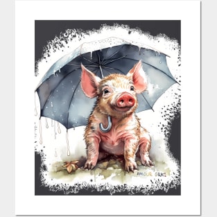 Watercolor piglet proudly standing under umbrella (´♡(oo)♡｀) Posters and Art